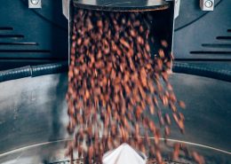Granos de café recién tostados cayendo desde la tostadora industrial.